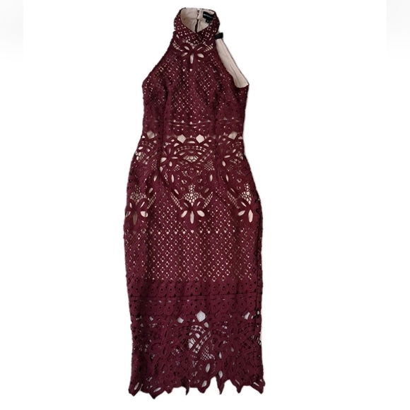 Pretty Little Thing Hanny Burgundy Crochet Lace Backless Midi Dress Size 8 - Picture 1 of 9